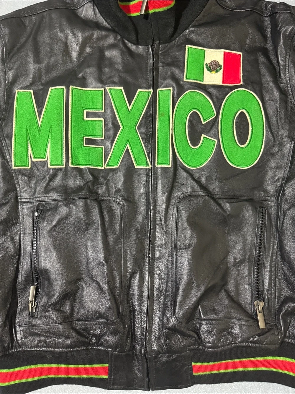 Summer2010 Black Leather 'MEXICO' Jacket with Green Lettering and Flag Patch